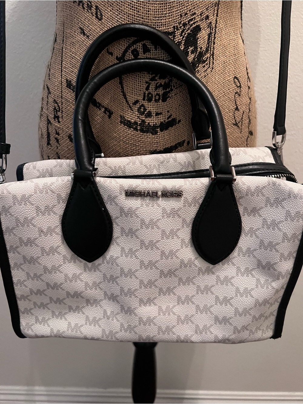 Michael Kors White MK Monogram Satchel with Black Trim